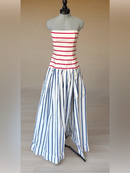 Rosie Assoulin Dresses & Skirts - Rosie Assoulin Drop Waist Strapless Cotton Gown, red/blue stripes, slit, 0, EUC